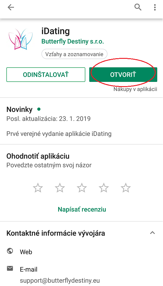 Otvorenie aplikácie iDating